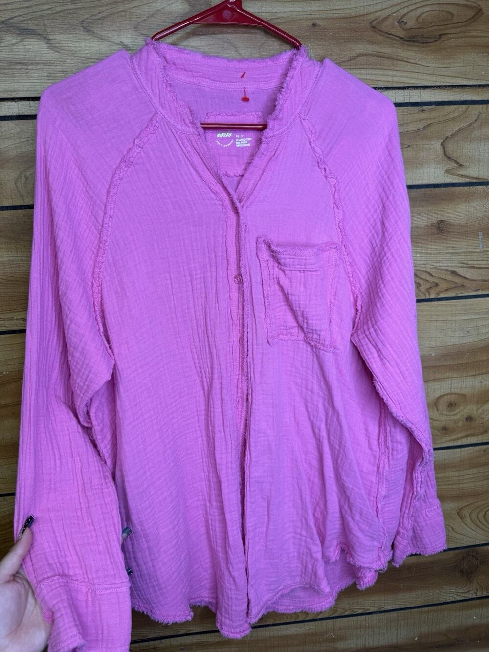 Aerie Real Me Hot Pink Gauze Button Down Shirt Raw Edge Distressed XS
